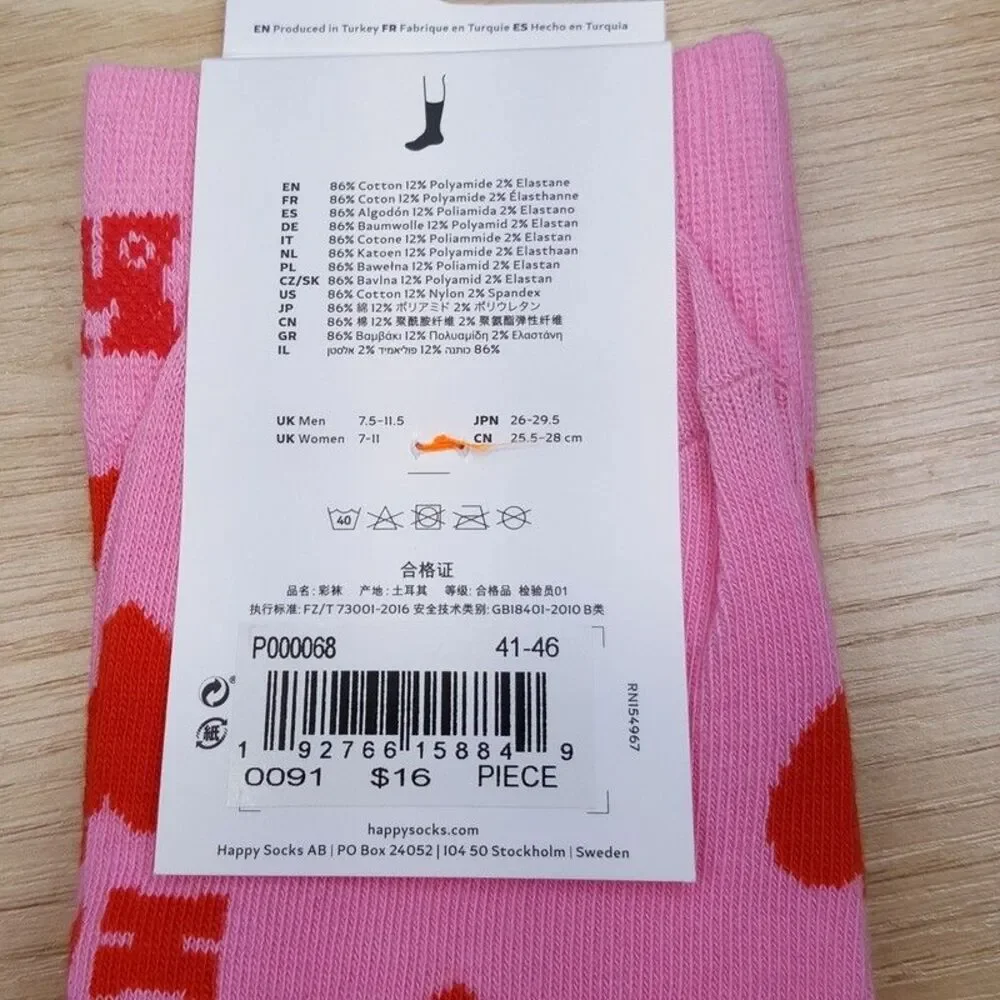 HAPPY SOCKS Crew Socks Pink Heart Combed Cotton Unisex M 8-12 W 10-12.5